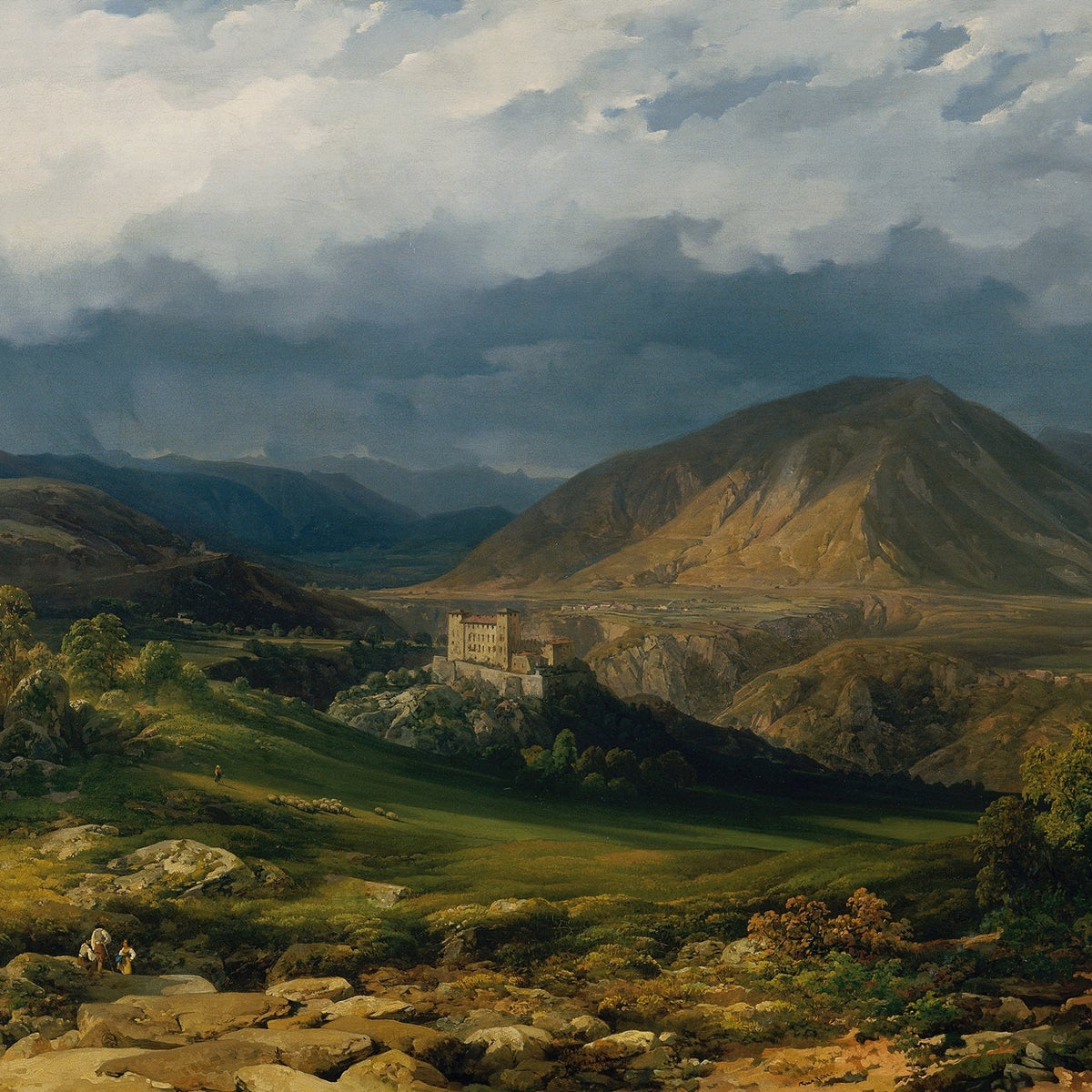 Hand-painted stormy mountain valley with castle view landscape oil painting on canvas