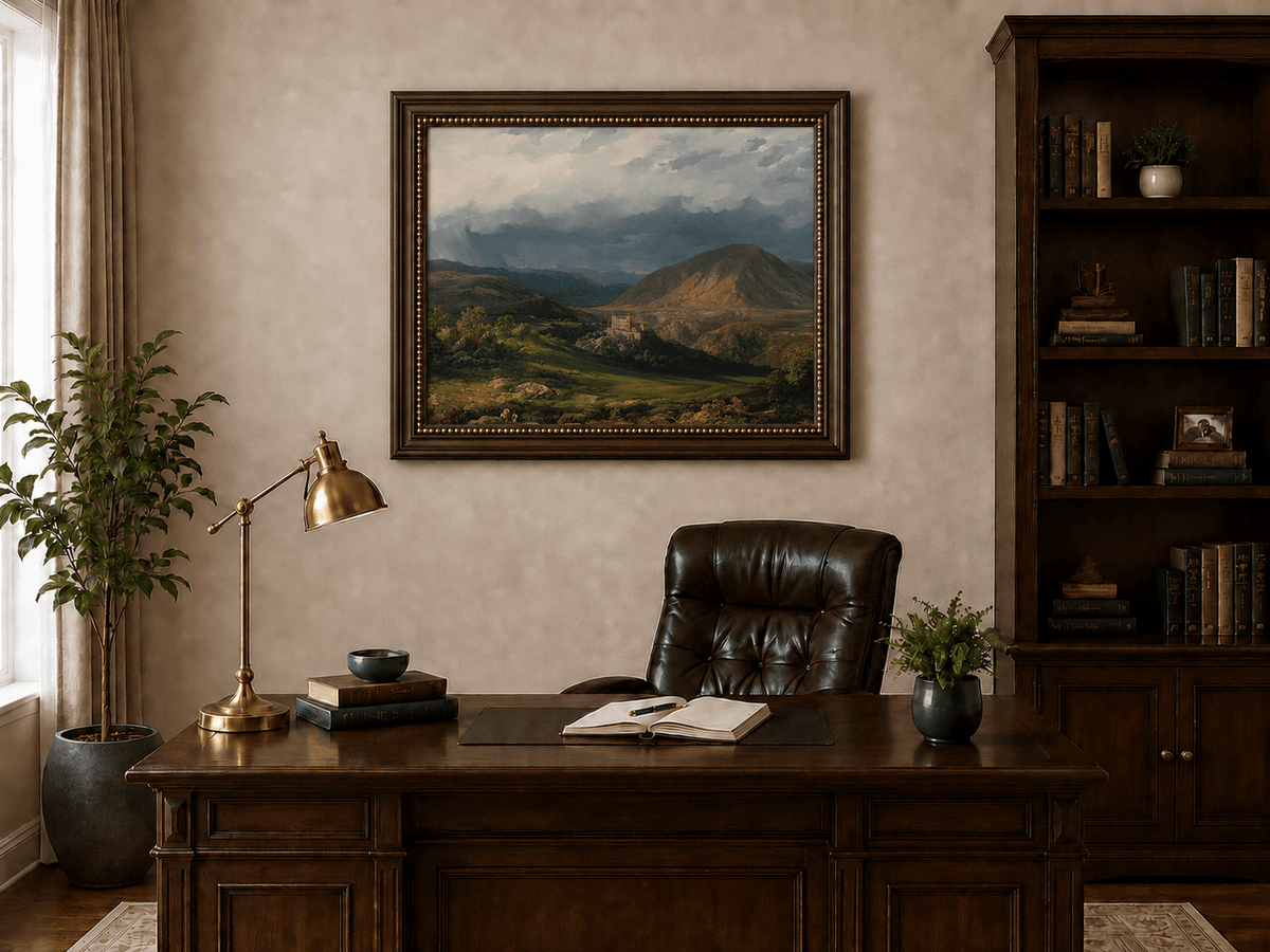 Landscape Oil Painting - Stormy Mountain Valley with Castle View