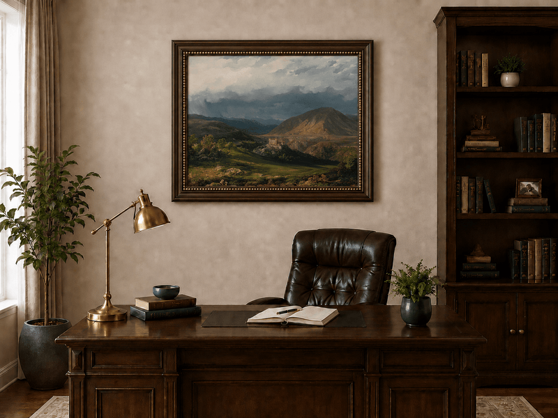 Landscape Oil Painting - Stormy Mountain Valley with Castle View