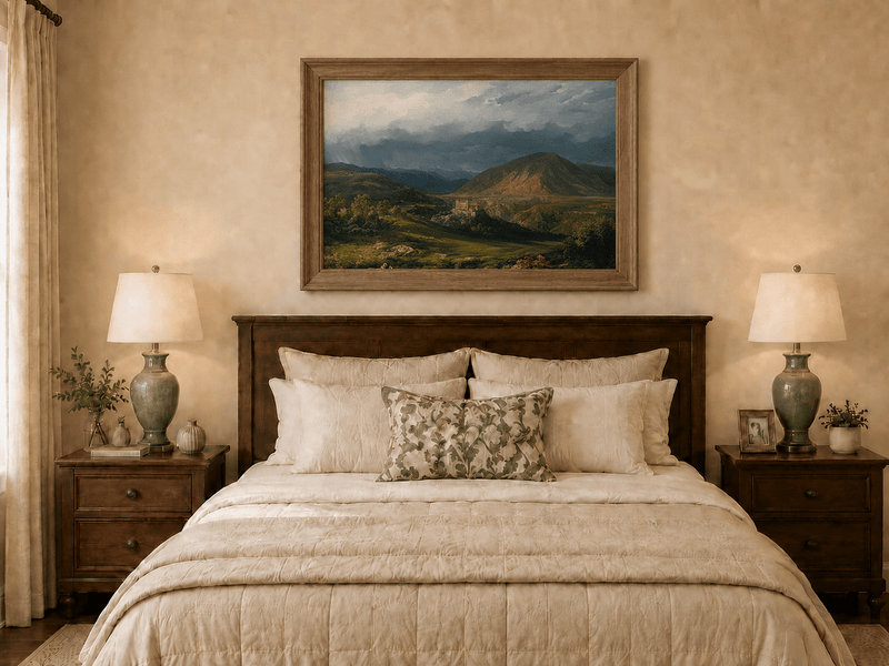 Landscape Oil Painting - Stormy Mountain Valley with Castle View