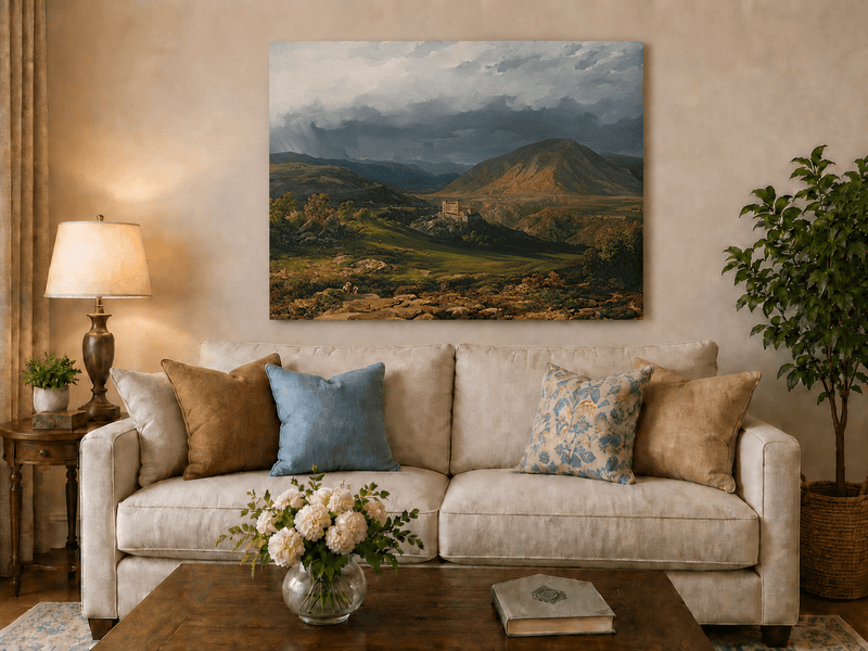 Landscape Oil Painting - Stormy Mountain Valley with Castle View