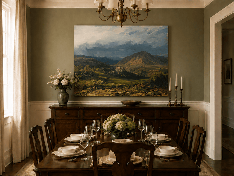 Landscape Oil Painting - Stormy Mountain Valley with Castle View
