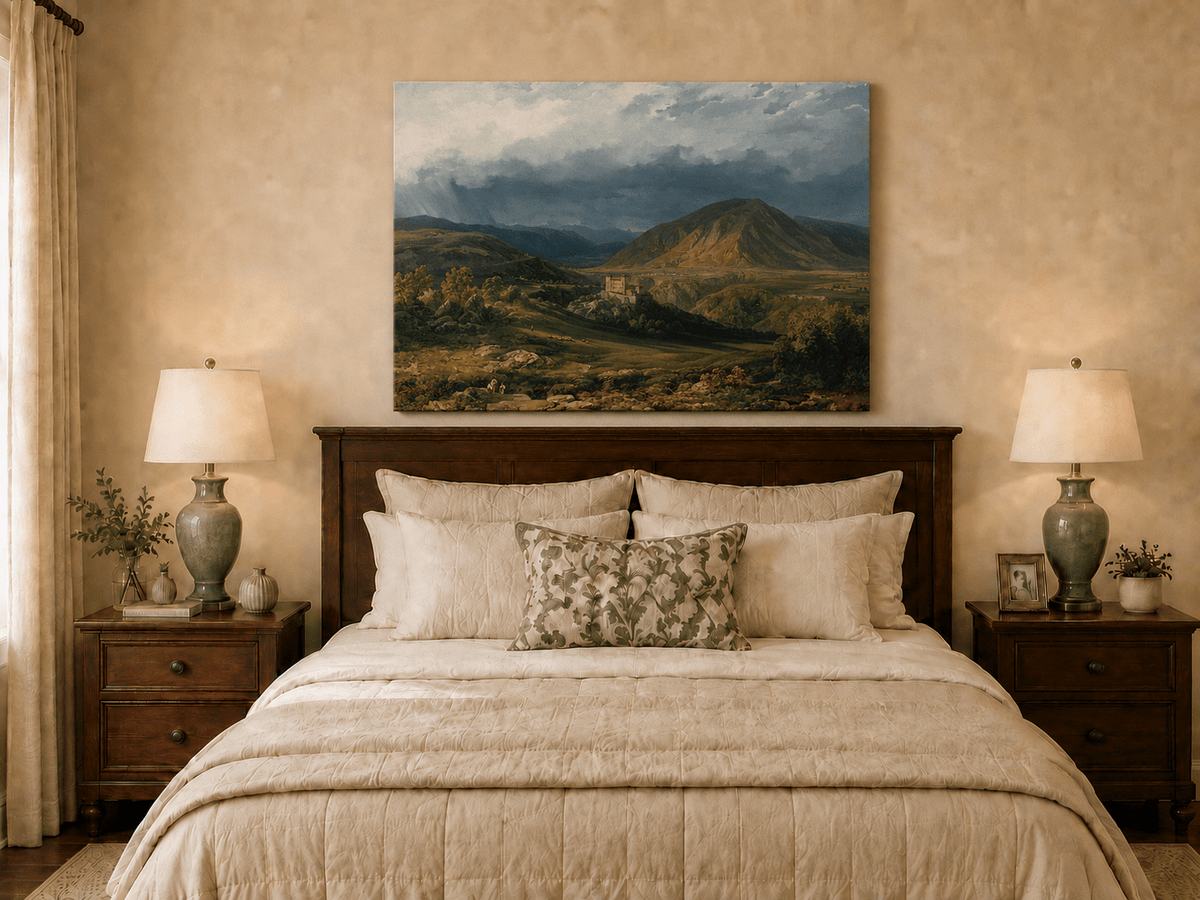 Landscape Oil Painting - Stormy Mountain Valley with Castle View