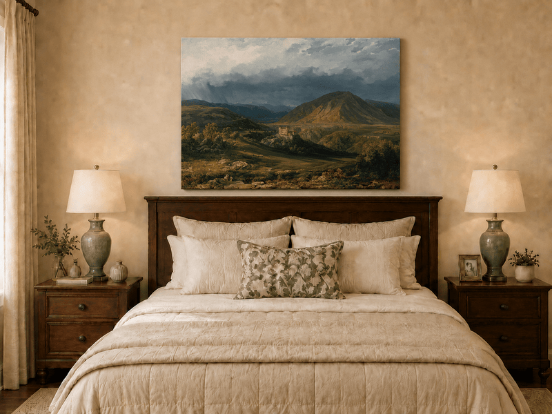 Landscape Oil Painting - Stormy Mountain Valley with Castle View
