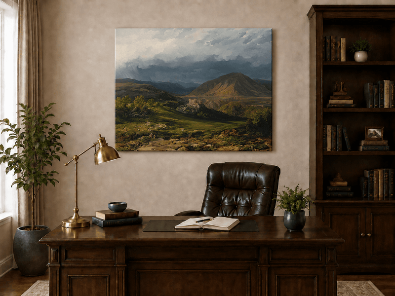Landscape Oil Painting - Stormy Mountain Valley with Castle View