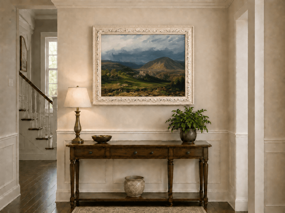 Landscape Oil Painting - Stormy Mountain Valley with Castle View