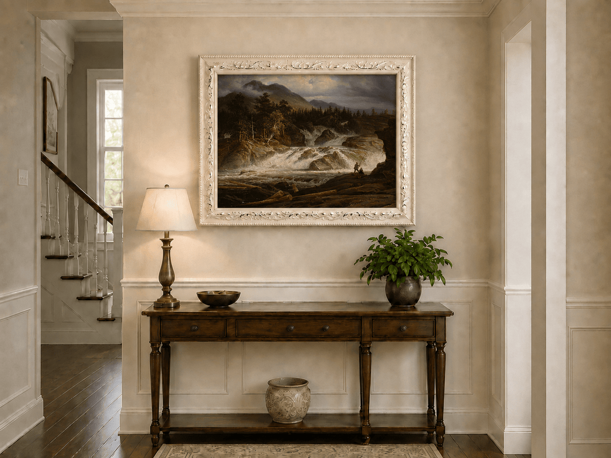 Landscape Oil Painting - Stormy Mountain Waterfall with Fishermen