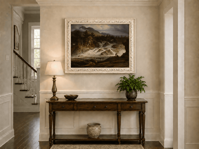 Landscape Oil Painting - Stormy Mountain Waterfall with Fishermen