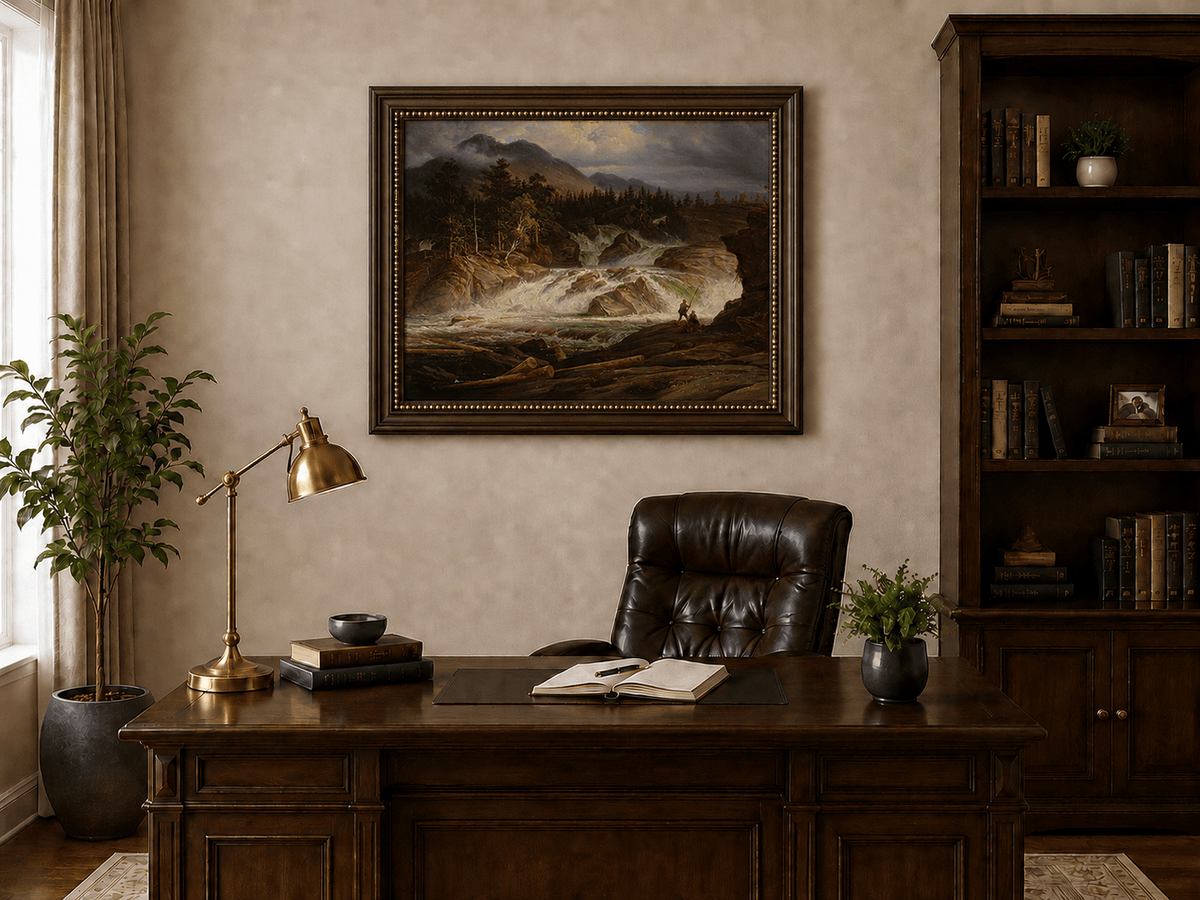 Landscape Oil Painting - Stormy Mountain Waterfall with Fishermen