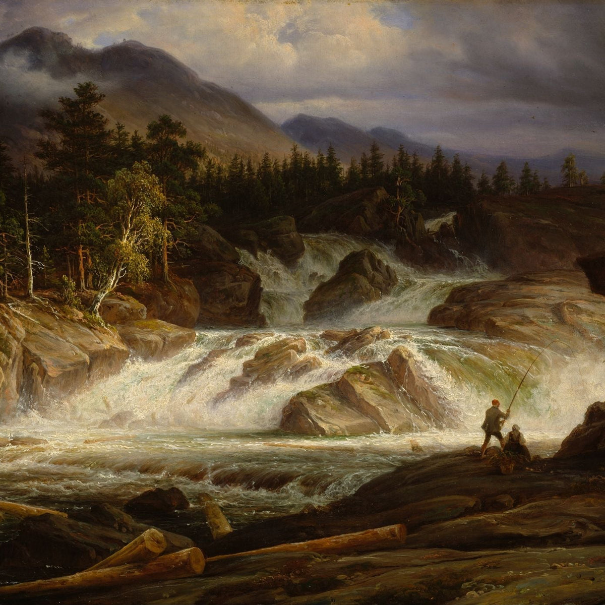 Landscape Oil Painting - Stormy Mountain Waterfall with Fishermen - Oil Painting Haven