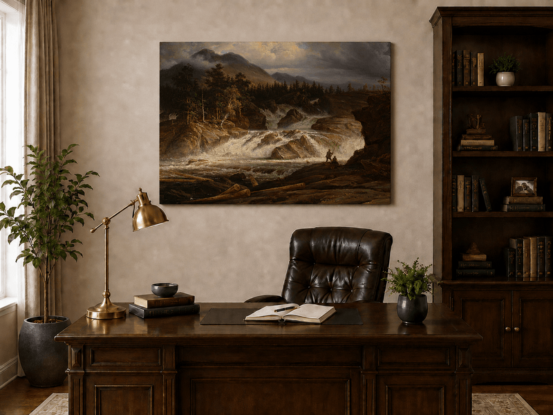 Landscape Oil Painting - Stormy Mountain Waterfall with Fishermen