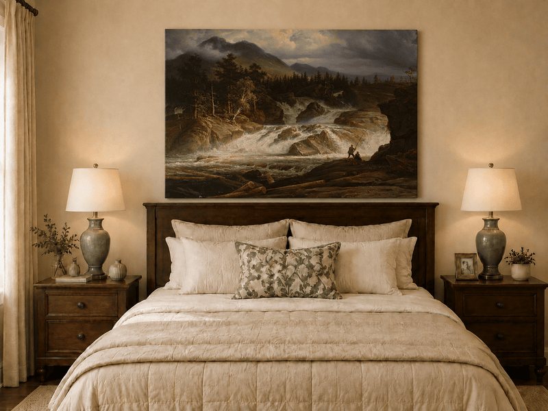 Landscape Oil Painting - Stormy Mountain Waterfall with Fishermen