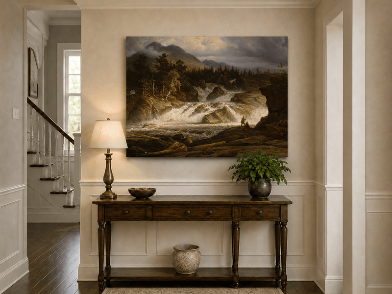 Landscape Oil Painting - Stormy Mountain Waterfall with Fishermen