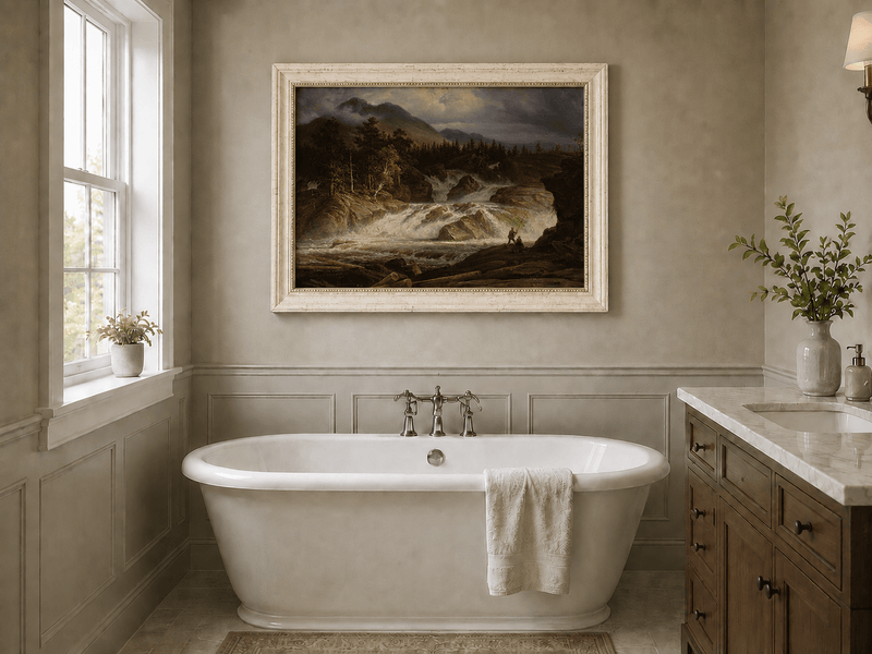 Landscape Oil Painting - Stormy Mountain Waterfall with Fishermen