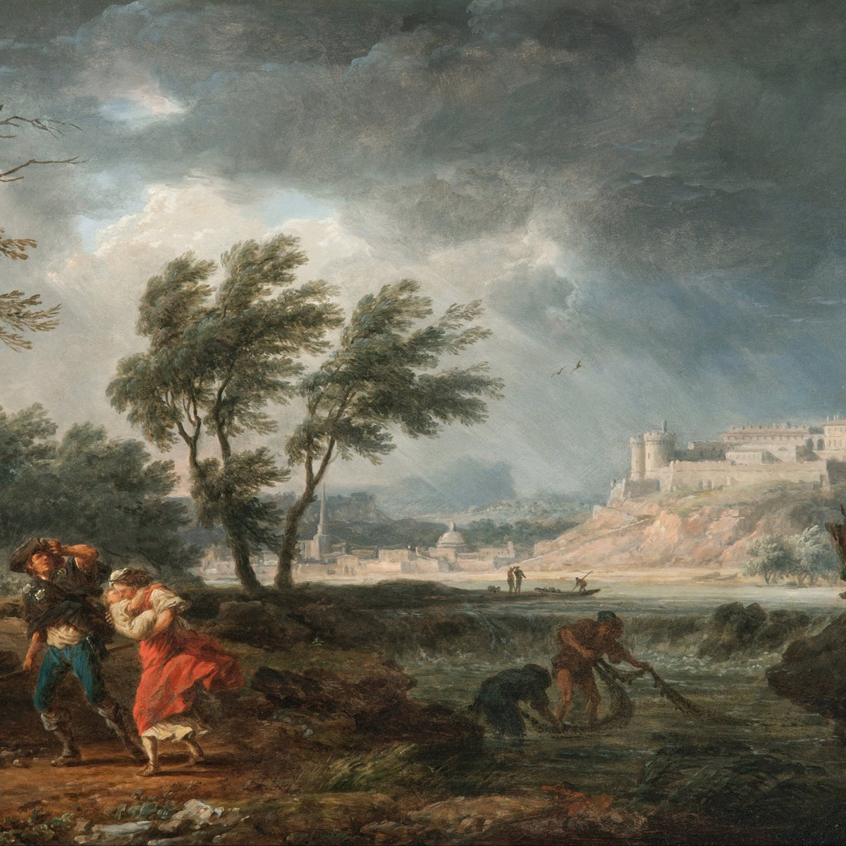 Landscape Oil Painting - Stormy River Scene with Fortress View - Oil Painting Haven
