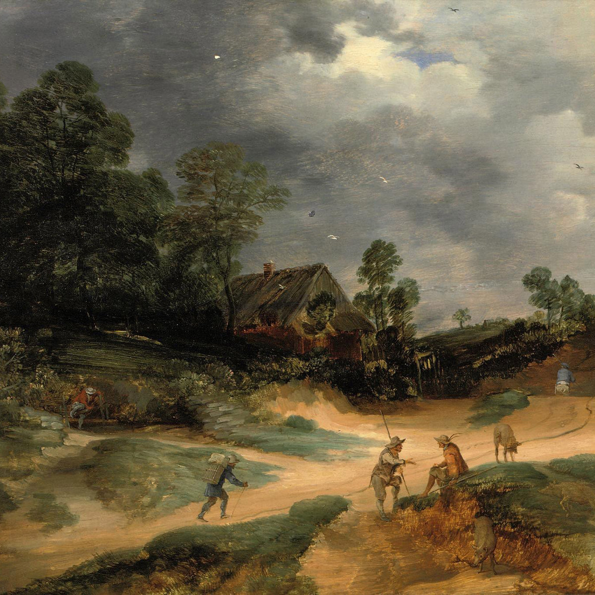 Hand-painted stormy rural road with cottage landscape oil painting on canvas