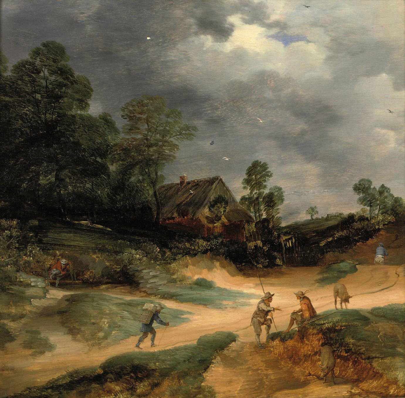 Hand-painted stormy rural road with cottage landscape oil painting on canvas