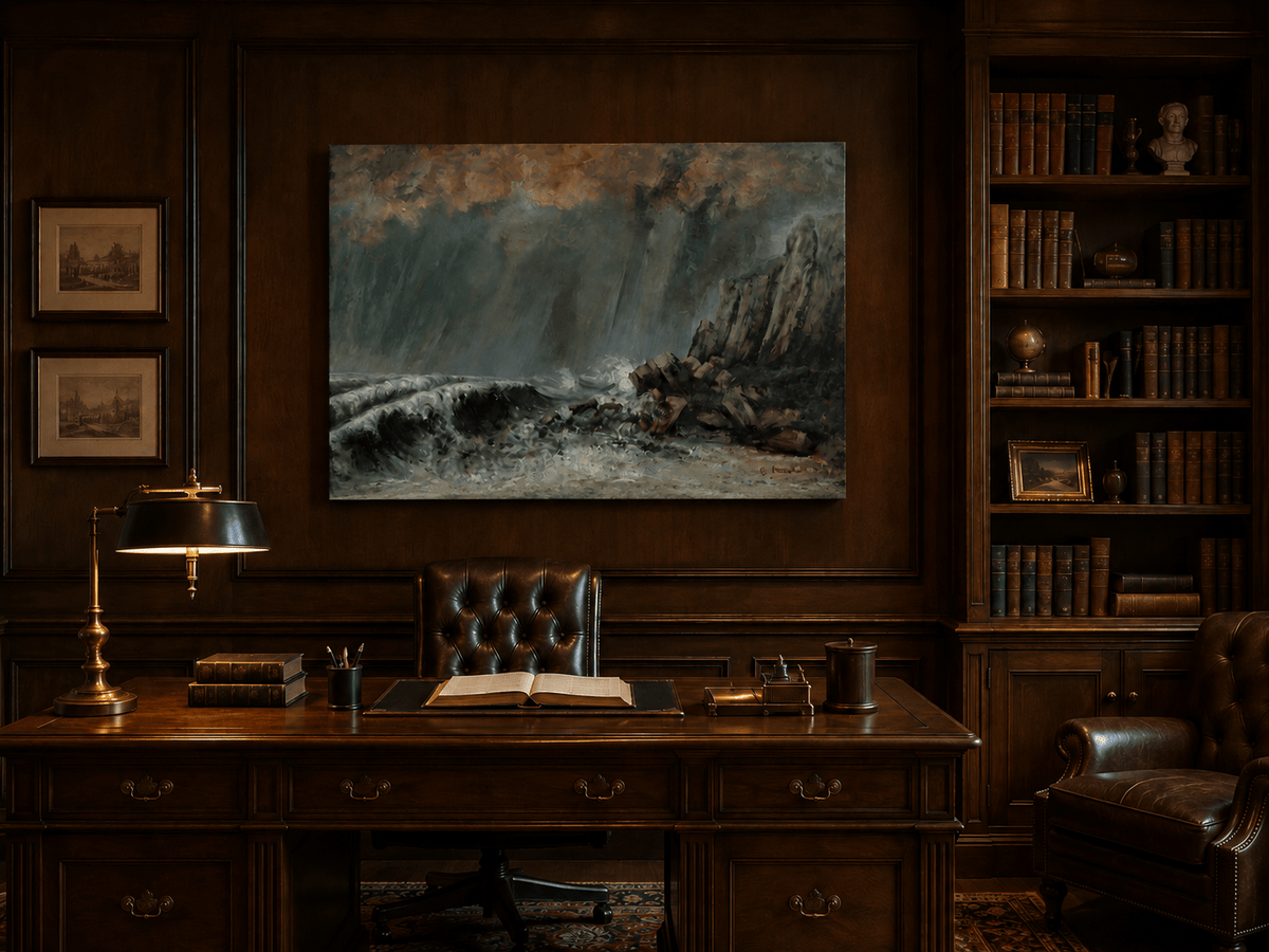 Landscape Oil Painting - Stormy Sea Cliffs and Crashing Waves