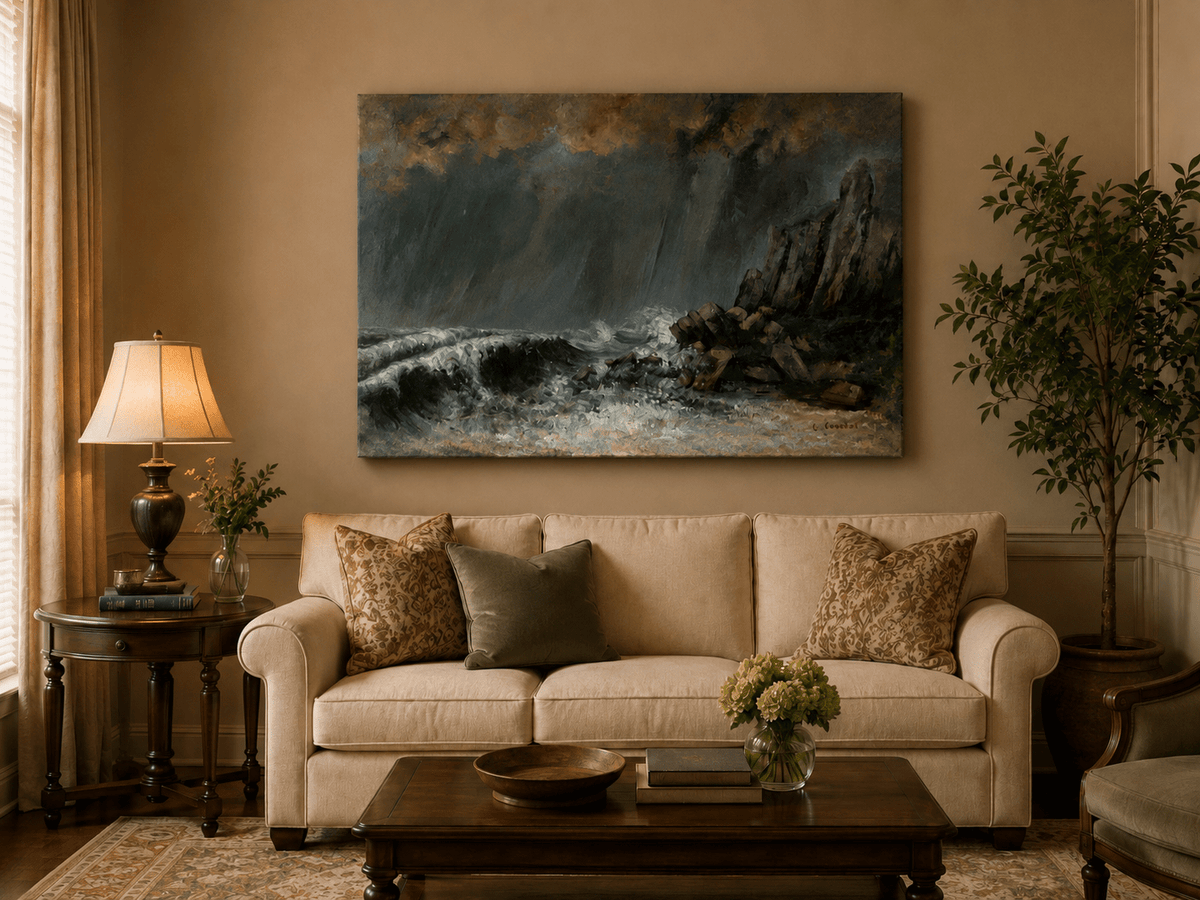 Landscape Oil Painting - Stormy Sea Cliffs and Crashing Waves