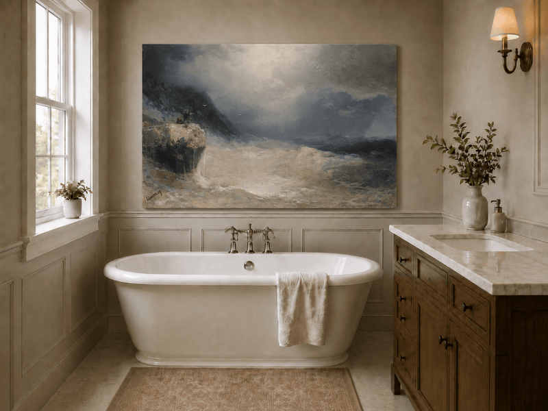 Landscape Oil Painting - Stormy Sea Cliffs, Crashing Waves