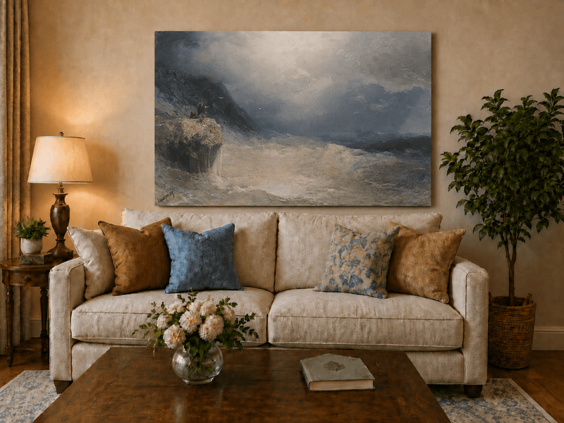 Landscape Oil Painting - Stormy Sea Cliffs, Crashing Waves
