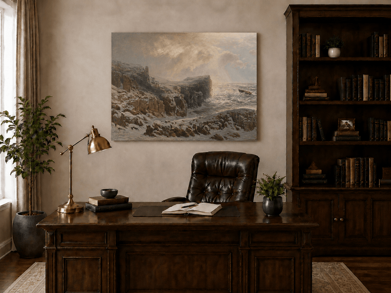 Peinture à l'huile de paysage - Scène de rivière hivernale avec personnages et chevaux