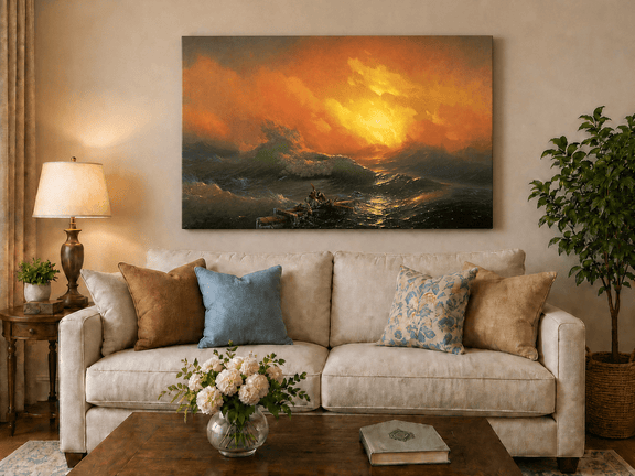 Hand-painted stormy sea with raft at sunset landscape oil painting displayed above a sofa in a living room interior.