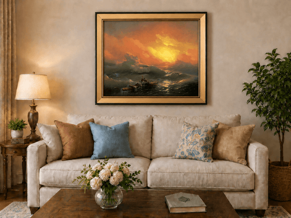 Hand-painted stormy sea with raft at sunset landscape oil painting displayed above a sofa in a living room interior.