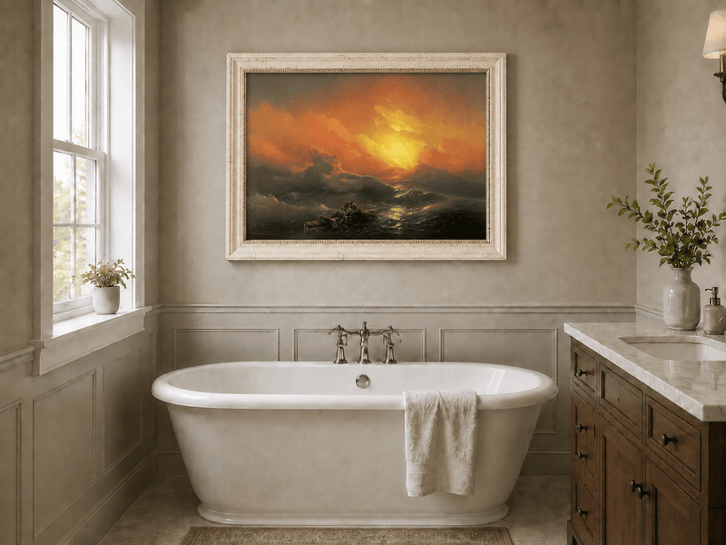 Hand-painted stormy sea with raft at sunset landscape oil painting displayed in a bathroom interior above a bathtub.