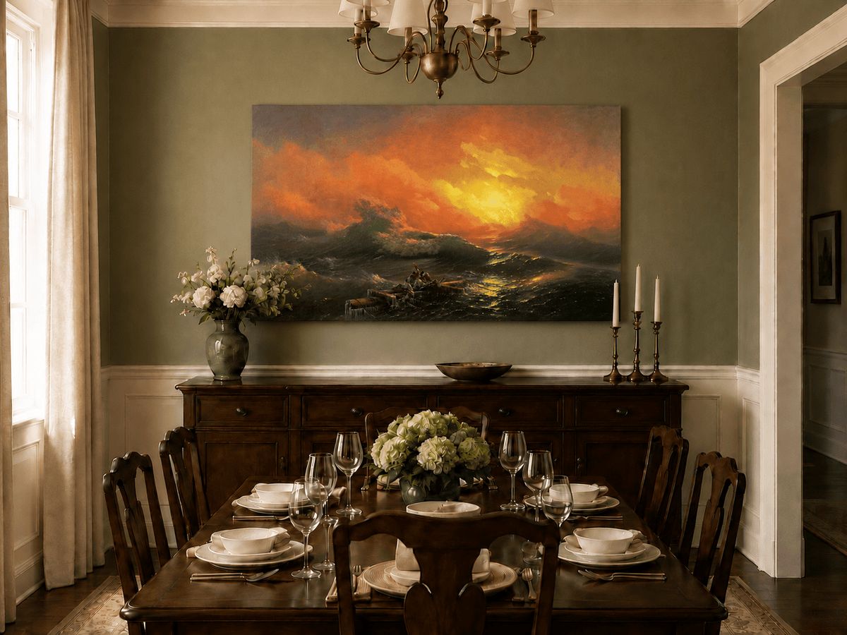 Hand-painted stormy sea with raft at sunset landscape oil painting displayed in a dining room interior.