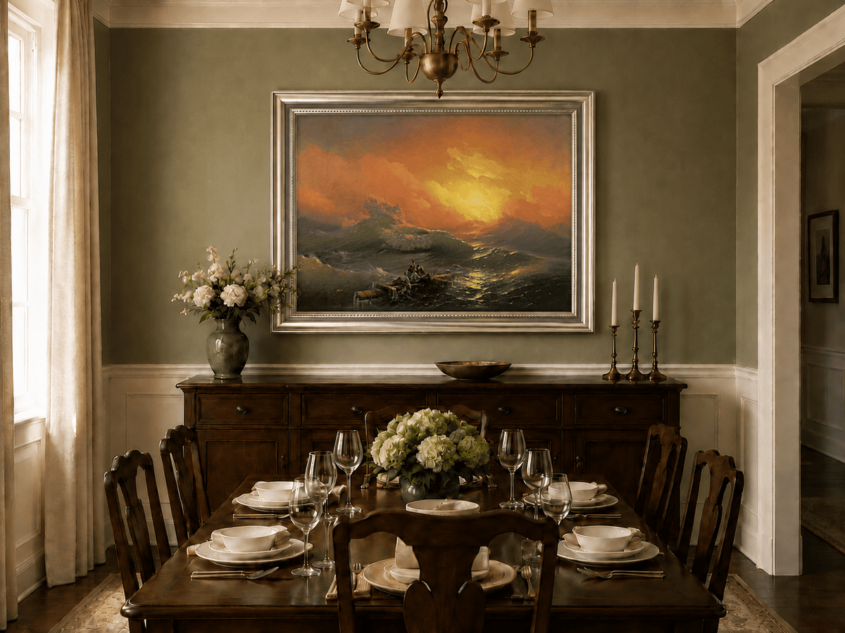Hand-painted stormy sea with raft at sunset landscape oil painting displayed in a dining room interior.