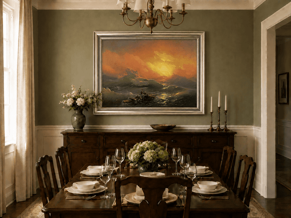 Hand-painted stormy sea with raft at sunset landscape oil painting displayed in a dining room interior.