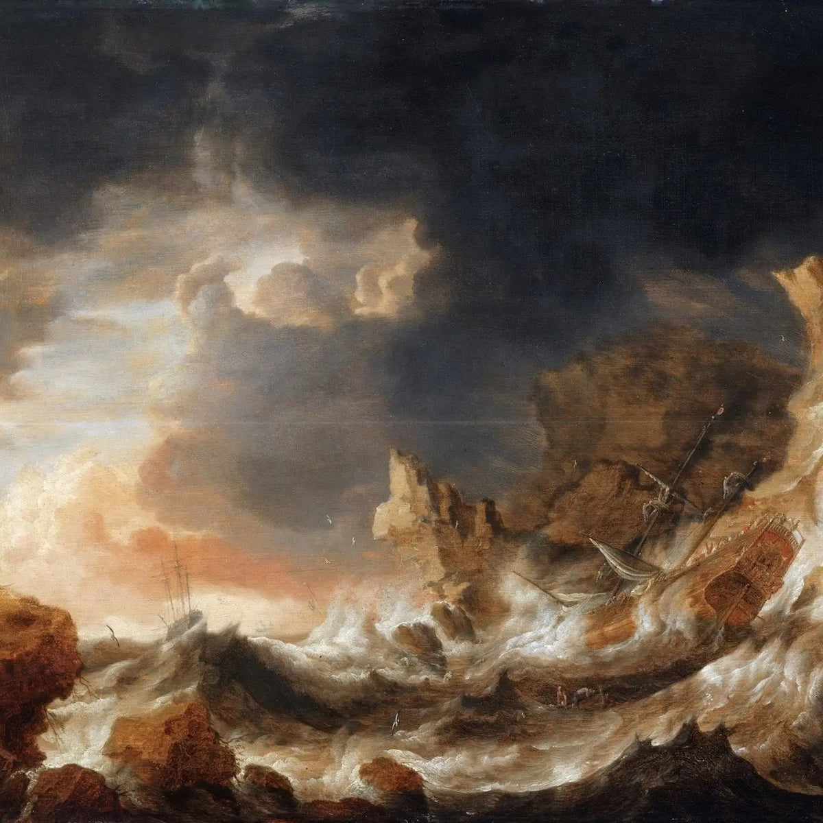 Landscape Oil Painting - Stormy Sea with Shipwreck and Coastal Figures - Oil Painting Haven