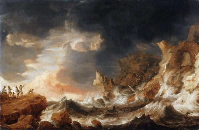Landscape Oil Painting - Stormy Sea with Shipwreck and Coastal Figures - Oil Painting Haven