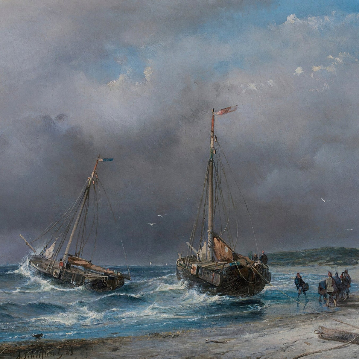 Landscape Oil Painting - Stormy Seashore with Fishing Boats - Oil Painting Haven