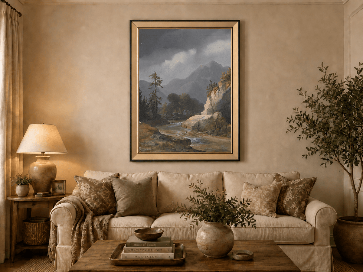 Pintura al óleo de paisaje - Arroyo de montaña bajo un cielo tormentoso