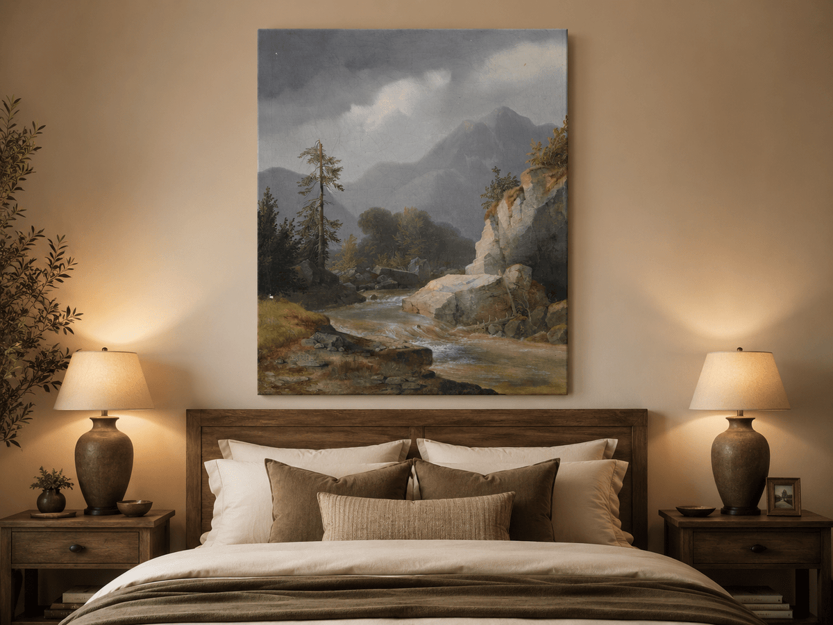 Pintura al óleo de paisaje - Arroyo de montaña bajo un cielo tormentoso