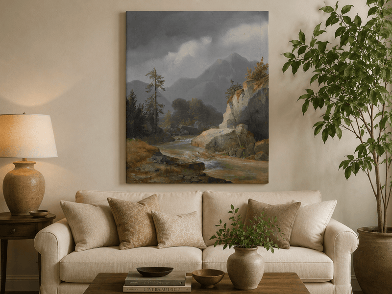 Pintura al óleo de paisaje - Arroyo de montaña bajo un cielo tormentoso