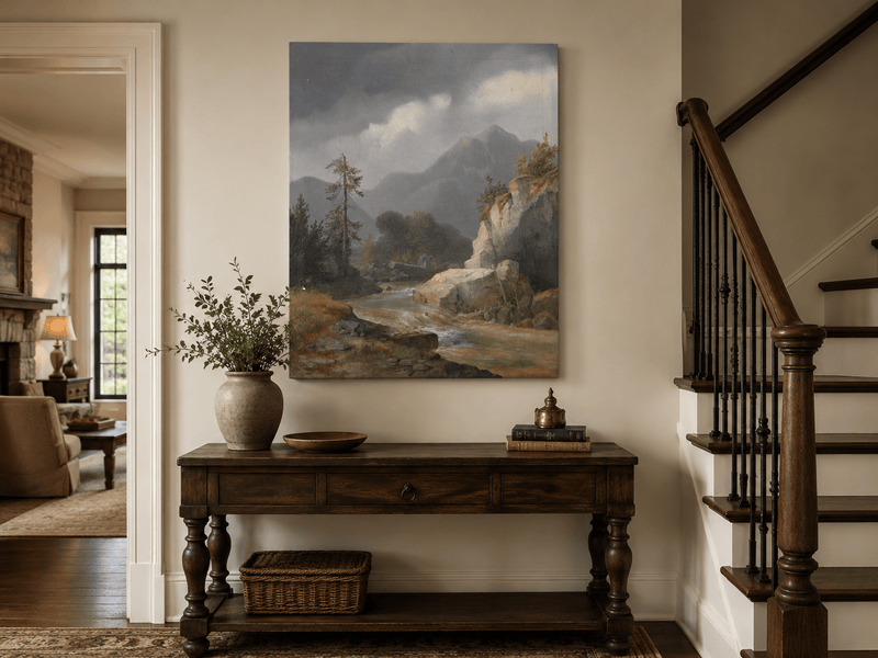 Pintura al óleo de paisaje - Arroyo de montaña bajo un cielo tormentoso