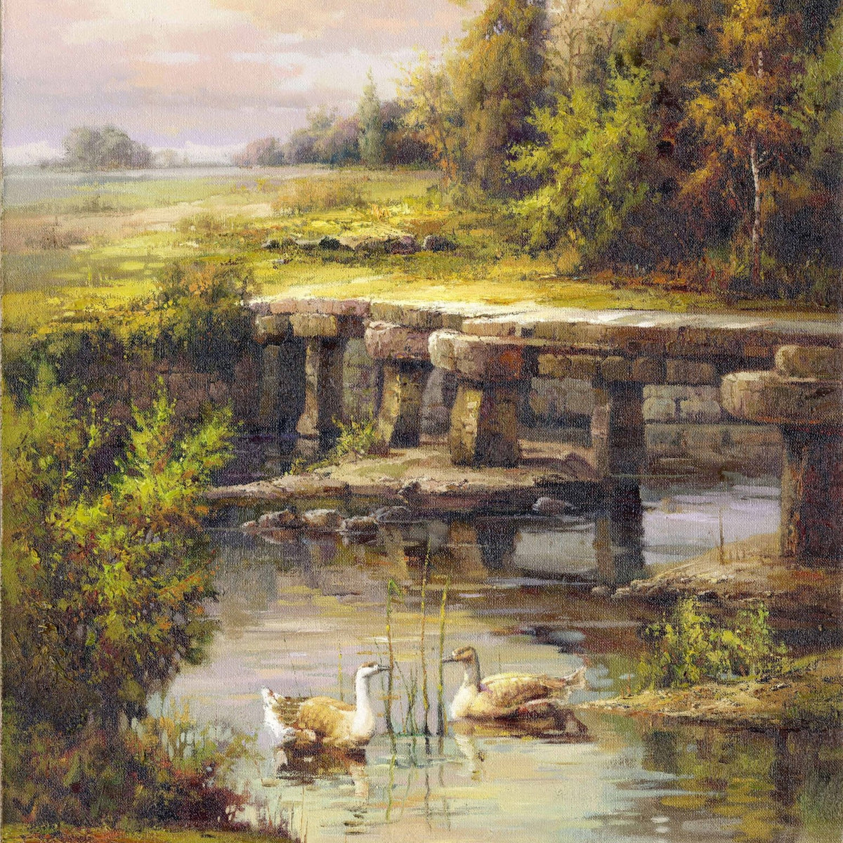 Landscape Oil Painting - Stream & Stone Bridge, Ducks, Grassy Fields - Oil Painting Haven