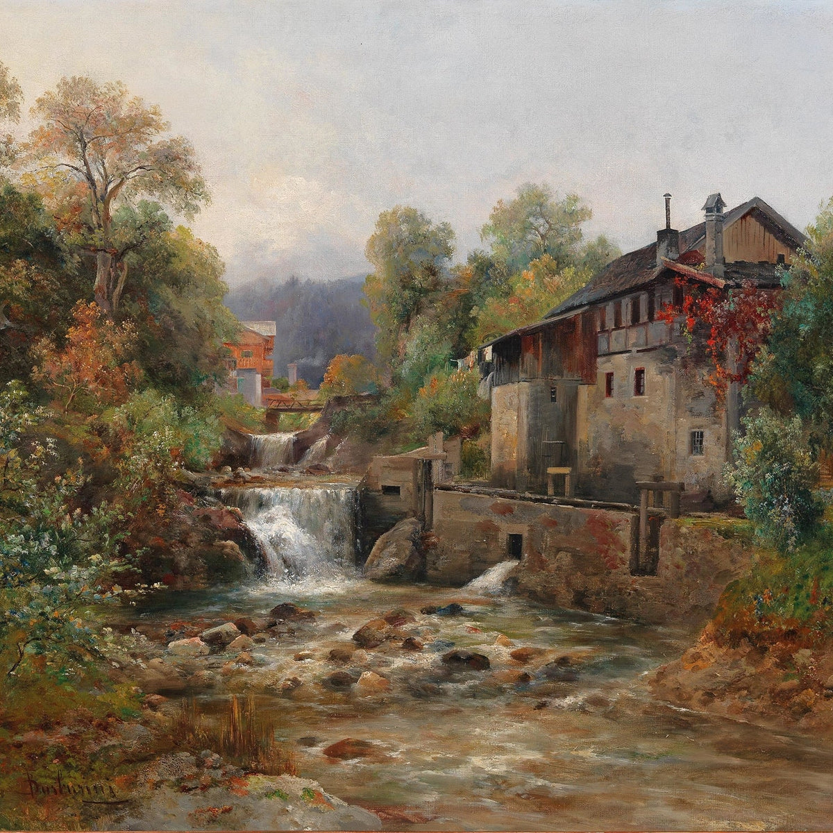 Landscape Oil Painting - Stream, Waterfall, Stone Mill & Autumn Foliage - Oil Painting Haven