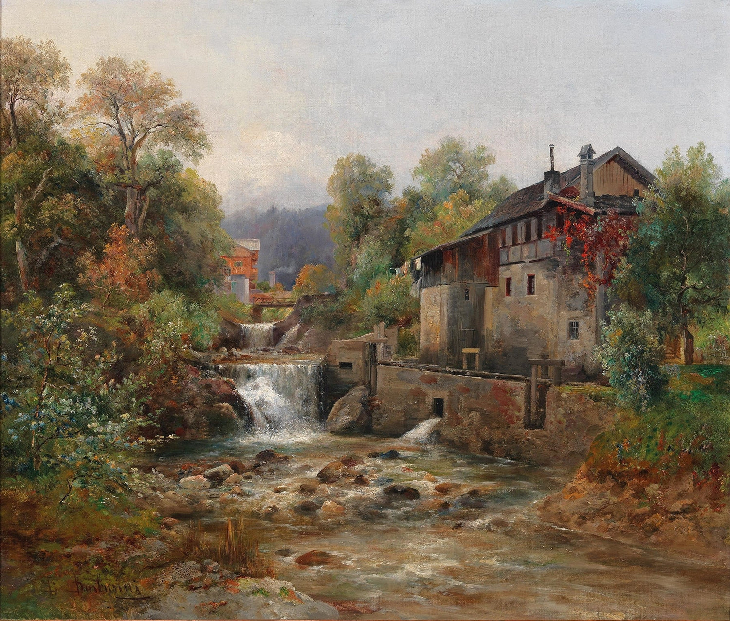 Landscape Oil Painting - Stream, Waterfall, Stone Mill & Autumn Foliage - Oil Painting Haven