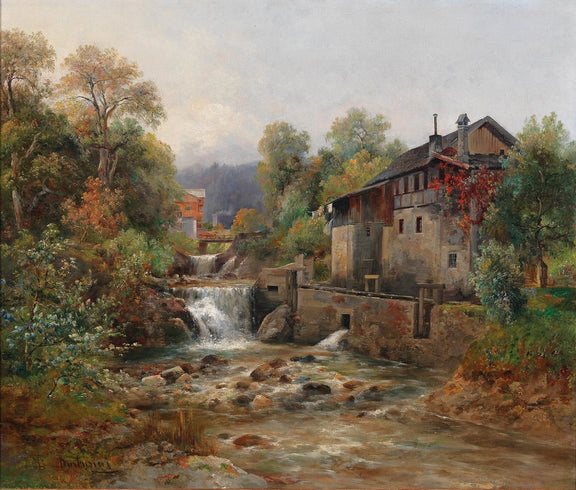 Landscape Oil Painting - Stream, Waterfall, Stone Mill & Autumn Foliage - Oil Painting Haven