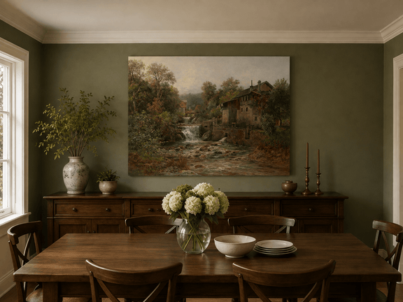 Hand-painted stream, waterfall and autumn foliage landscape artwork in an interior display.