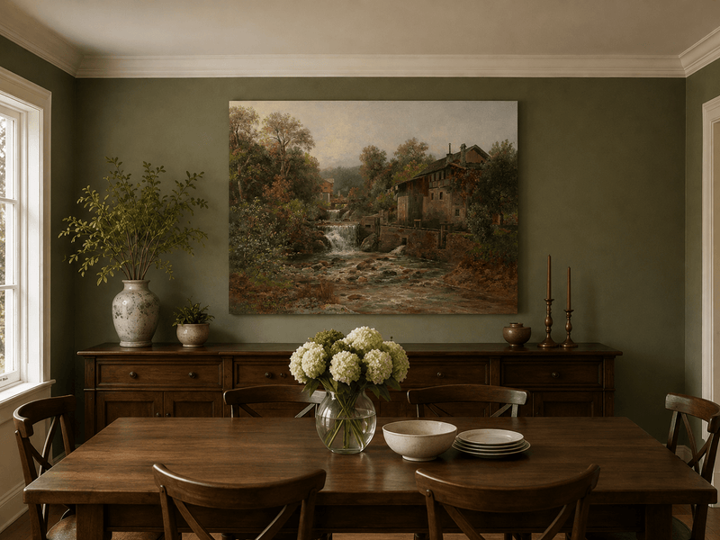 Hand-painted stream, waterfall and autumn foliage landscape artwork in an interior display.