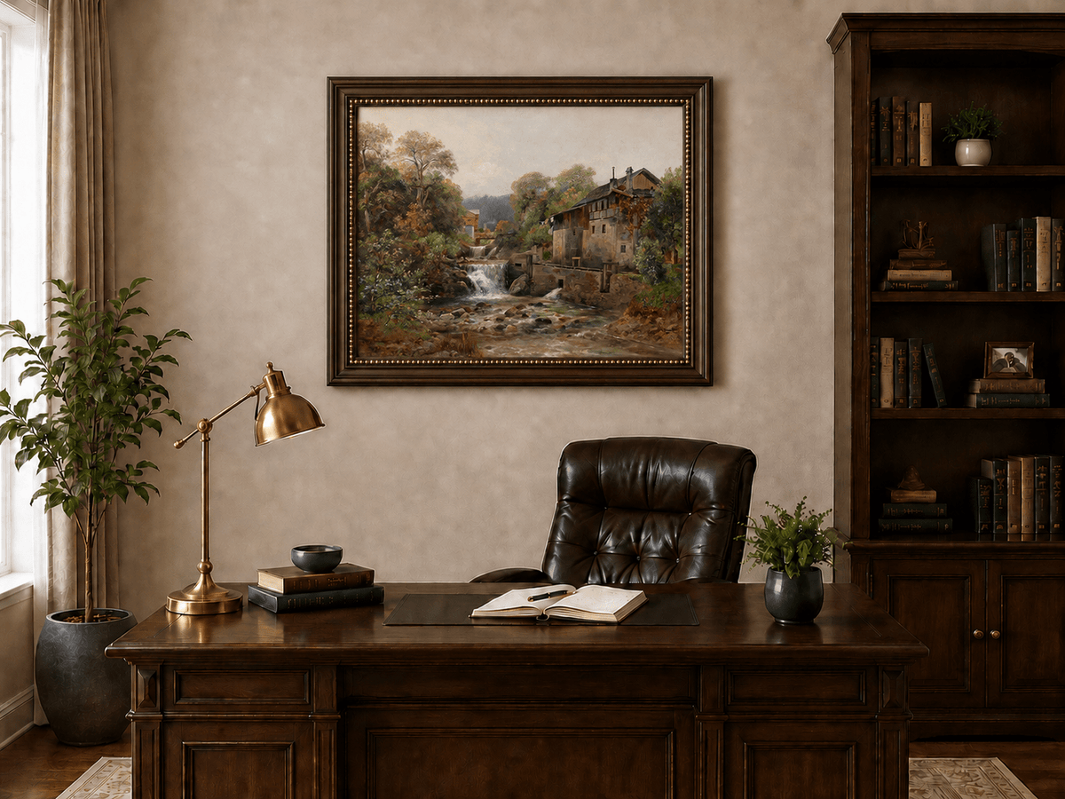 Stream with waterfall and stone mill landscape oil painting presented in an interior wall art mockup.