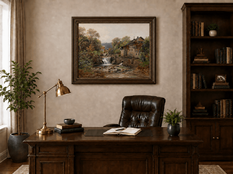 Stream with waterfall and stone mill landscape oil painting presented in an interior wall art mockup.