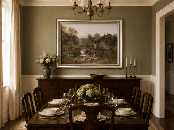 Autumn stream and stone mill oil landscape artwork shown in a styled home interior.