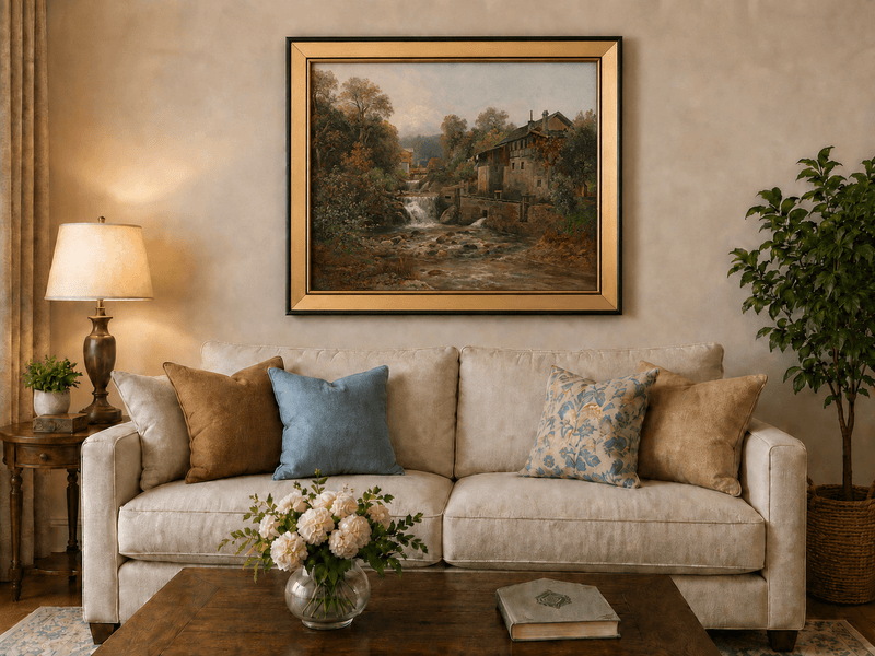 Stream, waterfall and stone mill with autumn foliage landscape oil painting displayed in a styled home interior.