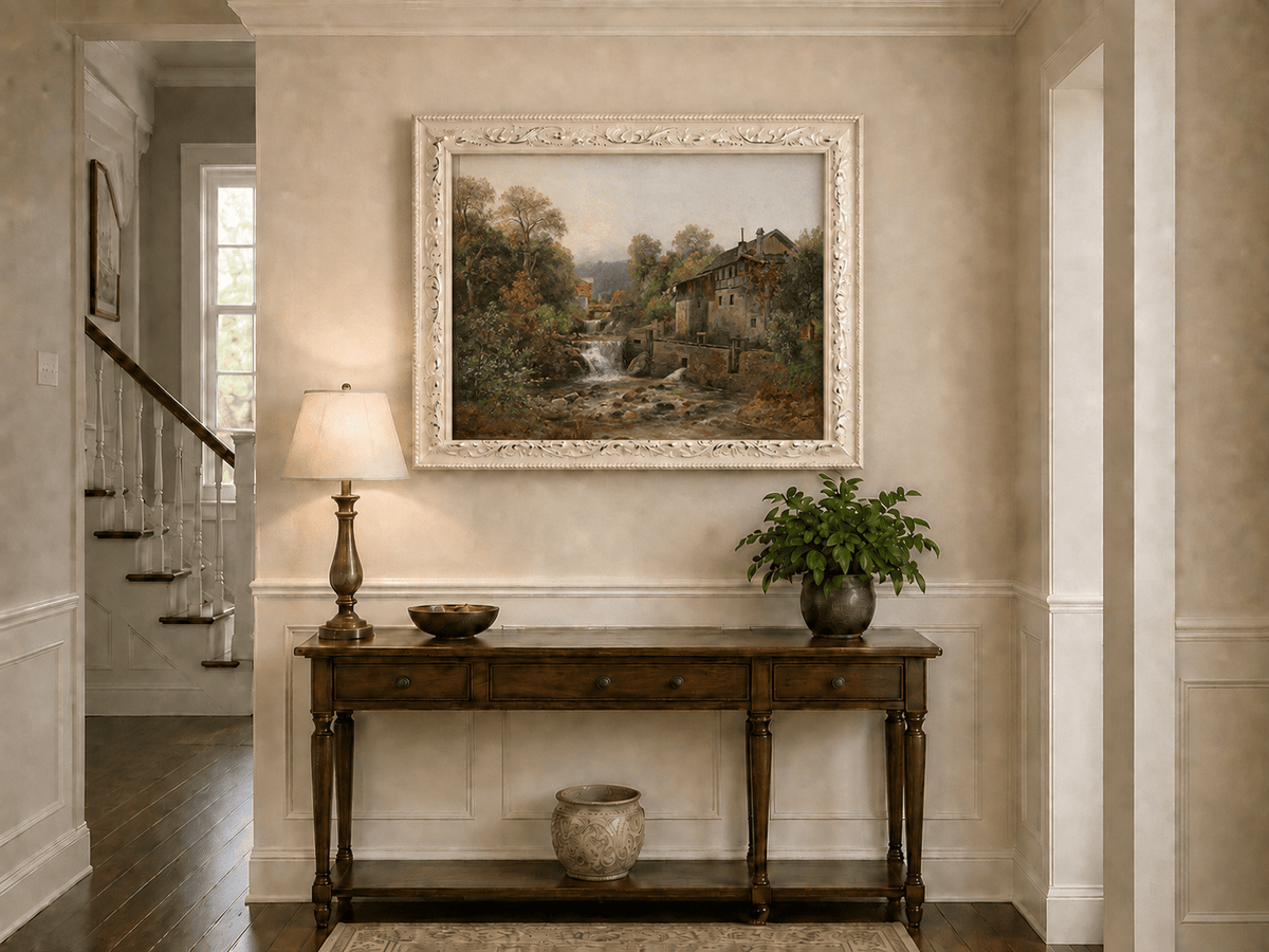 Autumn stone mill and waterfall hand-painted oil artwork shown as home wall decor.